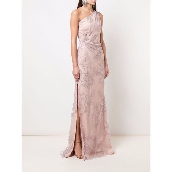 Marchesa Notte Tulle One Shoulder Flocked Glitter Gown US0 - Picture 2 of 12